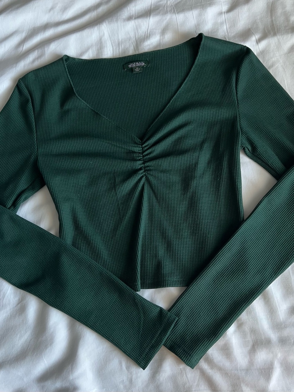 Wild Fable Dark Green Waffle Knit V-Neck Long Sleeve Top